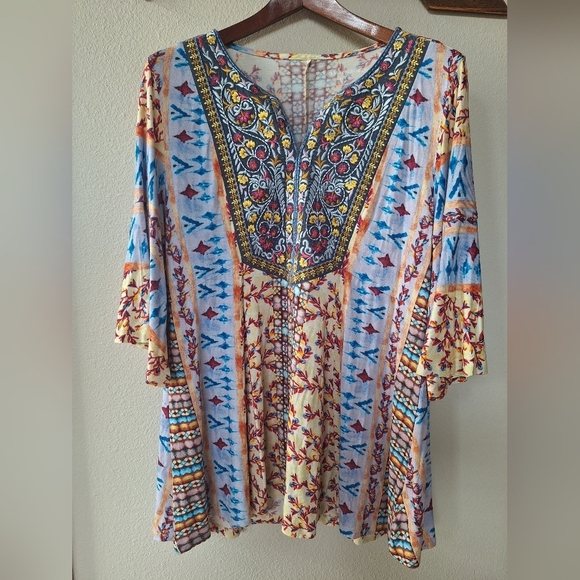 Soft Surroundings Womens Multicolored Embroidered Flutter Sleeve Tunic Size L - Picture 1 of 7